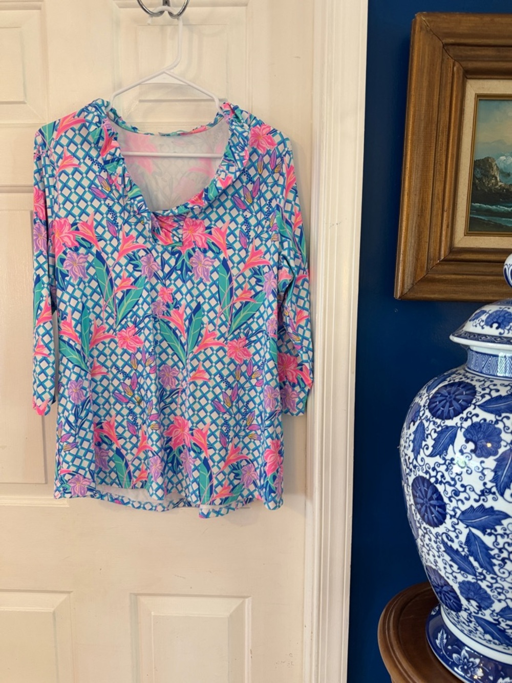 Anthony’s Resortwear Floral Lattice Print Polyester & Spandex Ruffle Collar Top